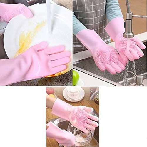 Reusable Silicone Washing Gloves with Built-In Scrubber (Random Color)