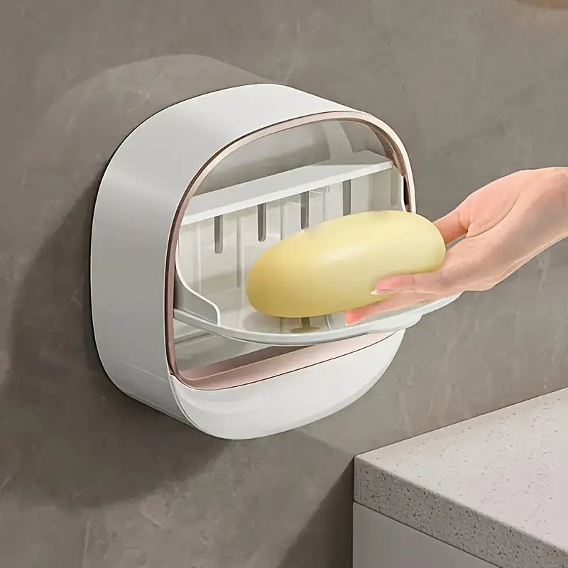 Milky White Self-Adhesive Soap Holder with Lid & Drainage Tray