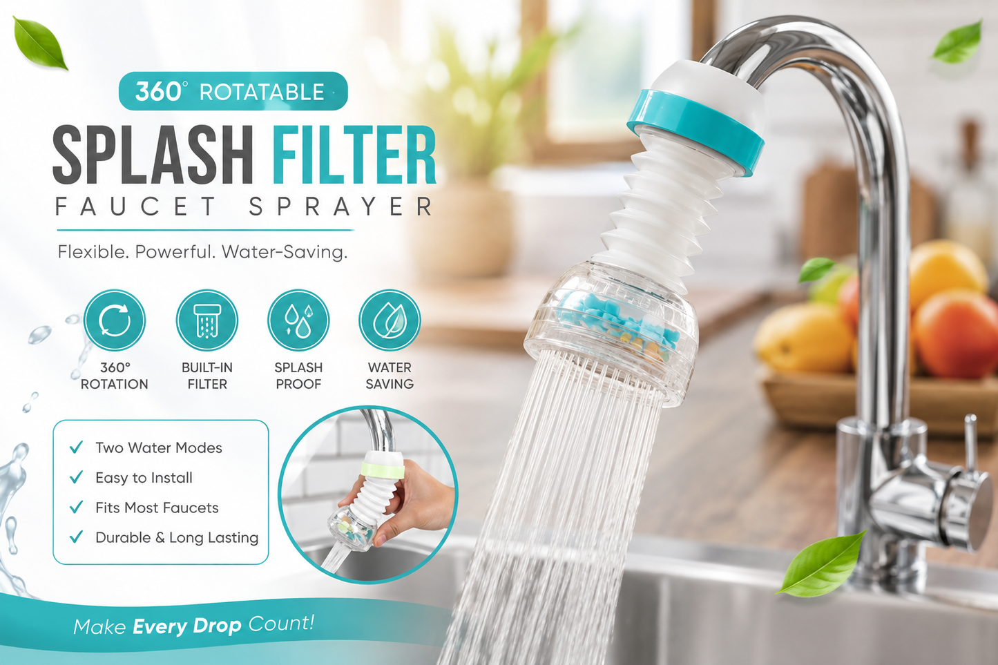 360° Rotatable Faucet Sprayer – Splash Filter