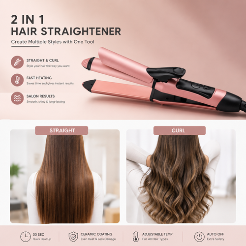 2 in 1 Hair Straightener & Curler – Ceramic Fast Heating Styling Tool