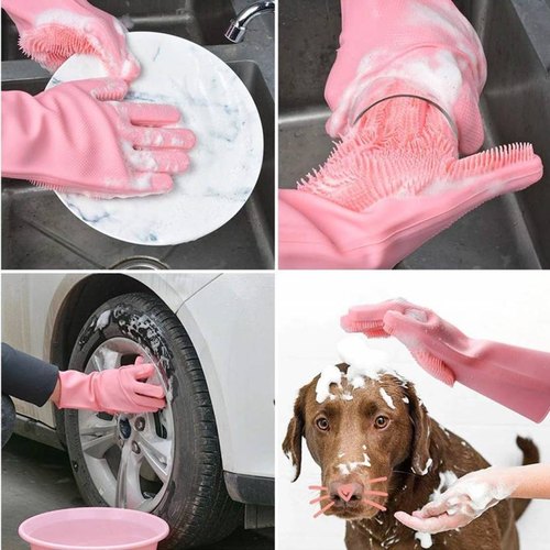 Reusable Silicone Washing Gloves with Built-In Scrubber (Random Color)